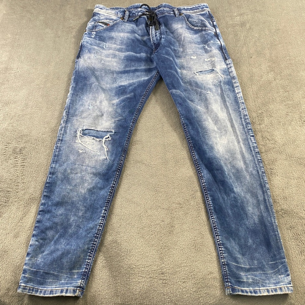 Diesel JoggJeans Mens 38 Blue Krooley Tapered Distressed Denim Sweatpants Italy